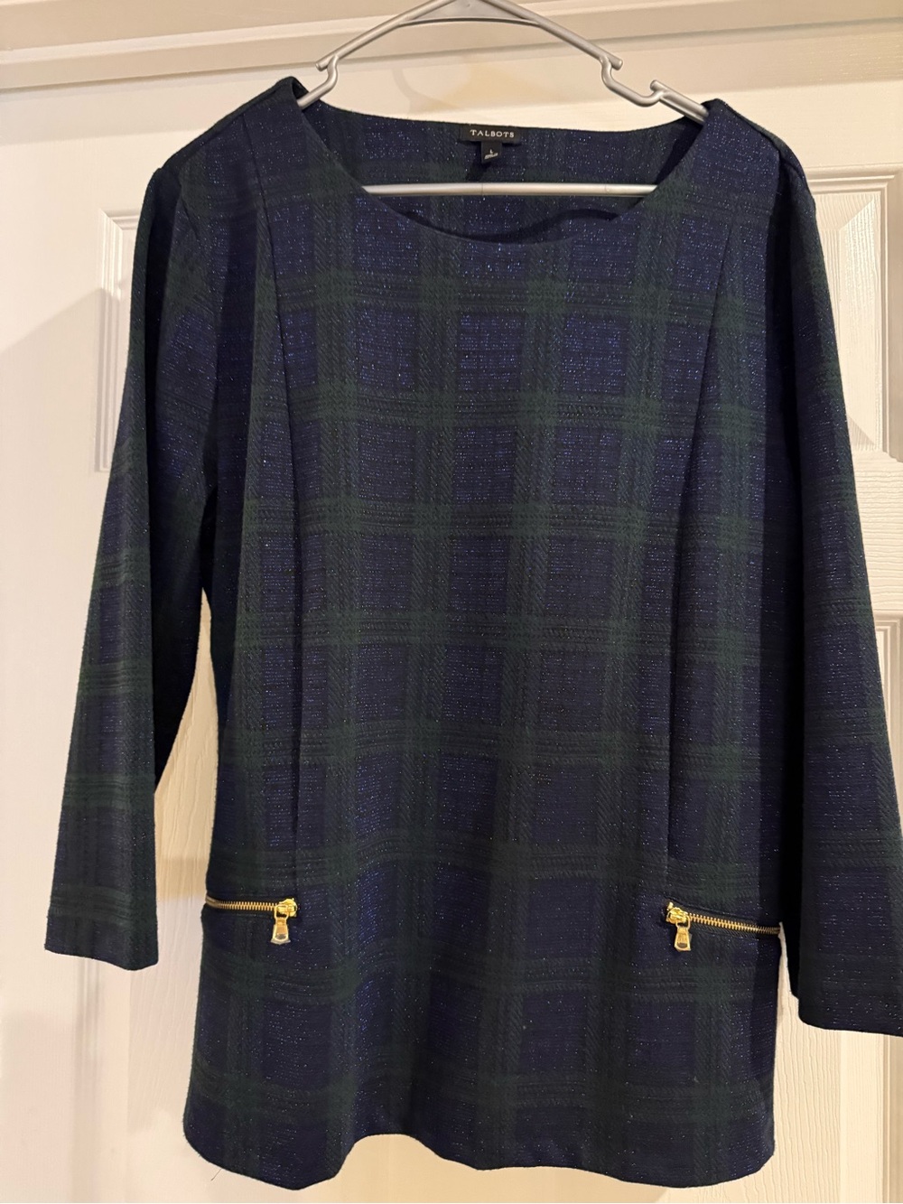 Talbots Shimmer Navy and Green Plaid Long Sleeve Sweater with Gold Zippers- Size